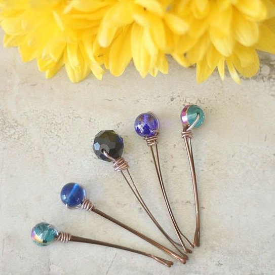 Set of Picture stone jasper gemstone beaded Bobby pins wire wrapped hair pins brown decorated hair accessories boho hippie handmade gift